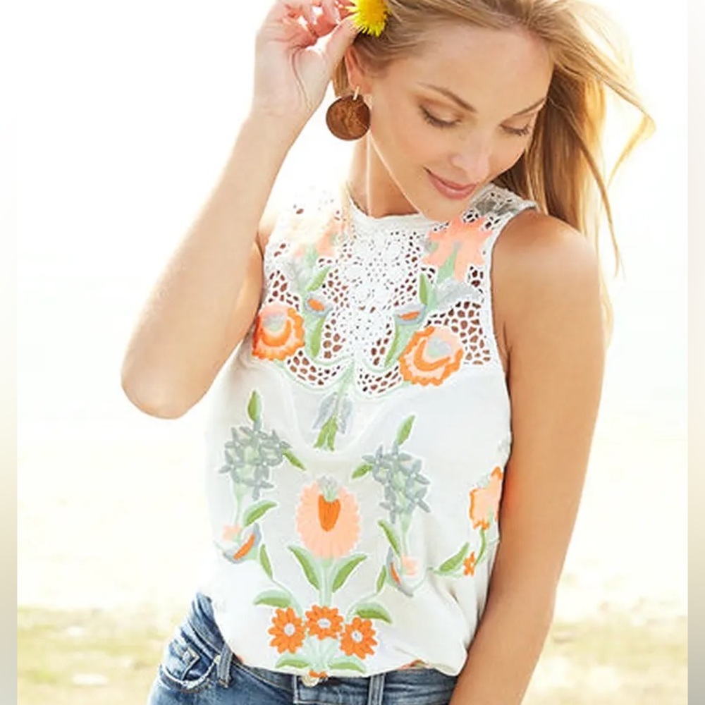 Free People Flower Power Embroidered Tank Top